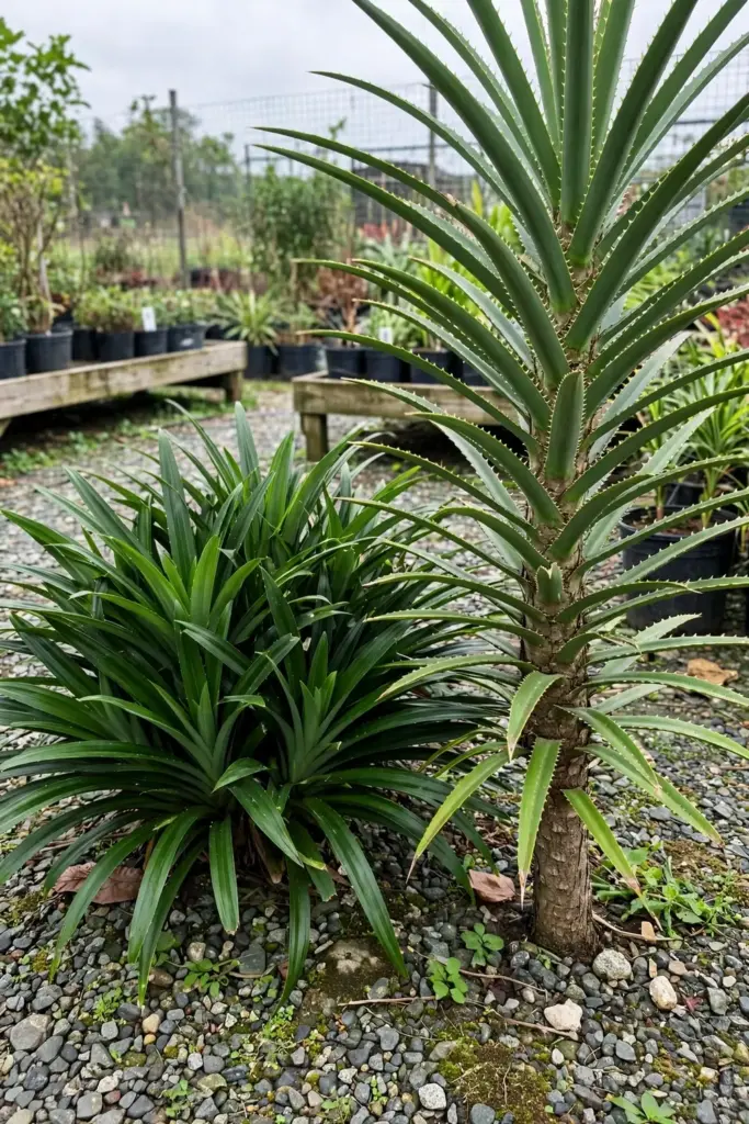 Pandan clump beside a spiny ornamental screw pine tree for comparison
