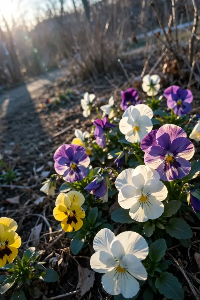 Pansies blooming in bright winter sun in the South