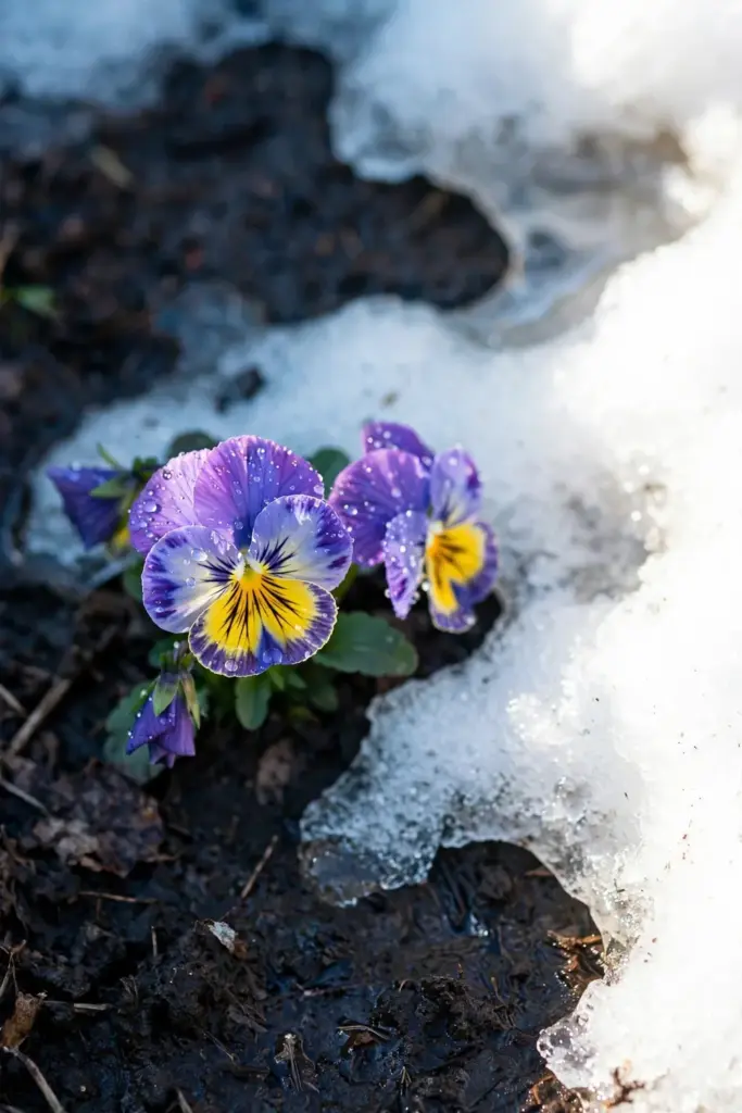 Pansies blooming beneath melting snow in late winter