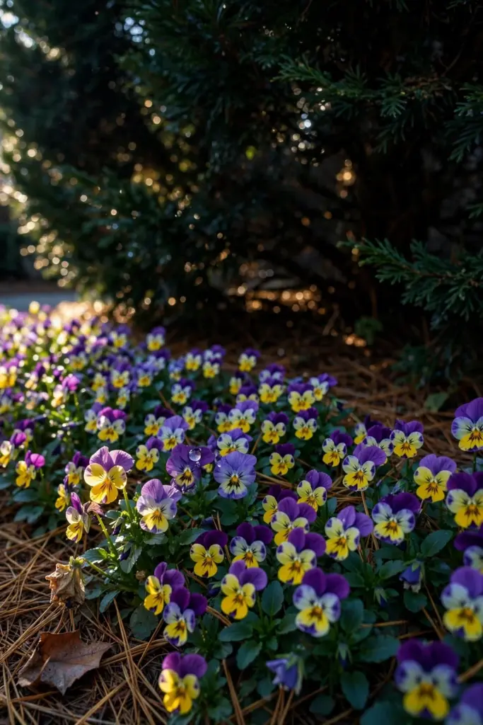 Pansy carpet of purple and yellow under evergreen shrubs