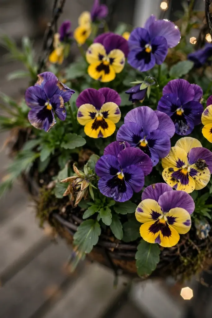 Pansy fillers ringing the center of a fall hanging basket