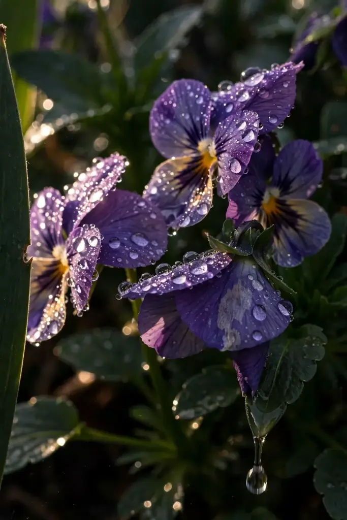 Morning water droplets beading on pansy petals and leaves