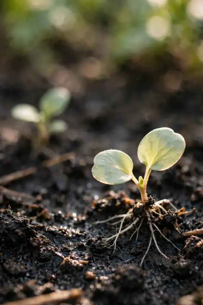 Pansy seedling sprouting from dark moist soil