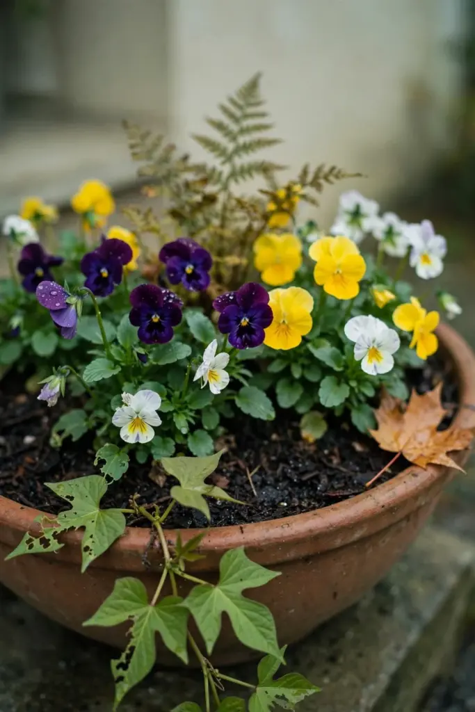 Pansies and violas blooming in a shaded pot with a small fern behind