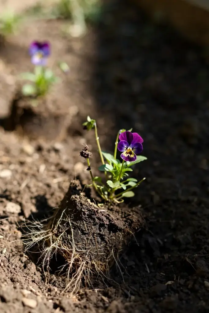 Pansy transplant with crown set exactly at soil level