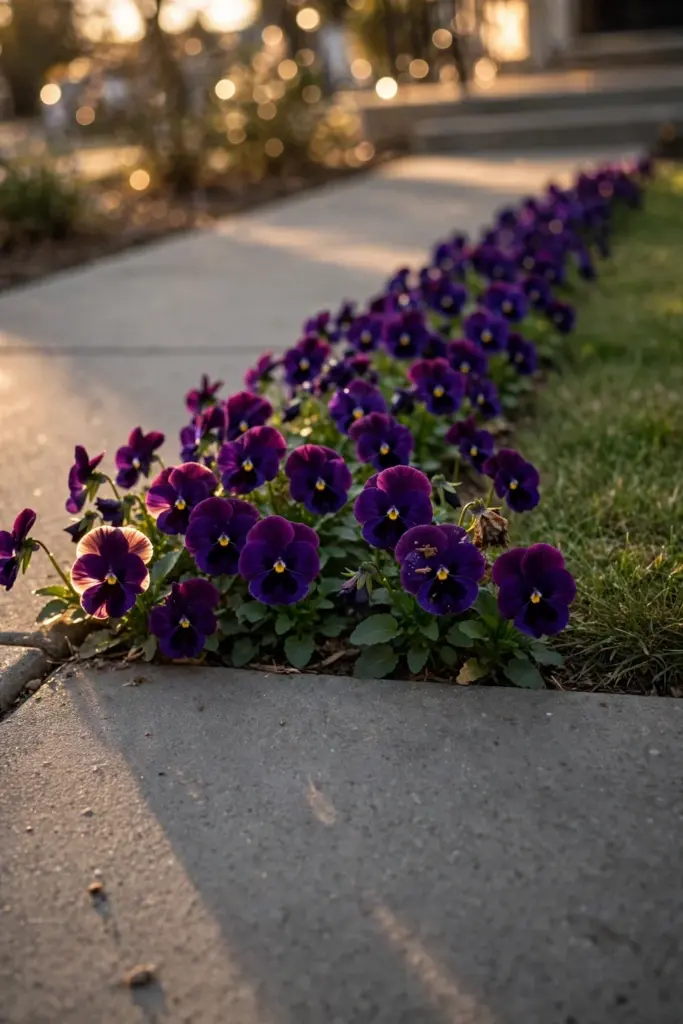 Single-row purple pansy edge lining a concrete front walk