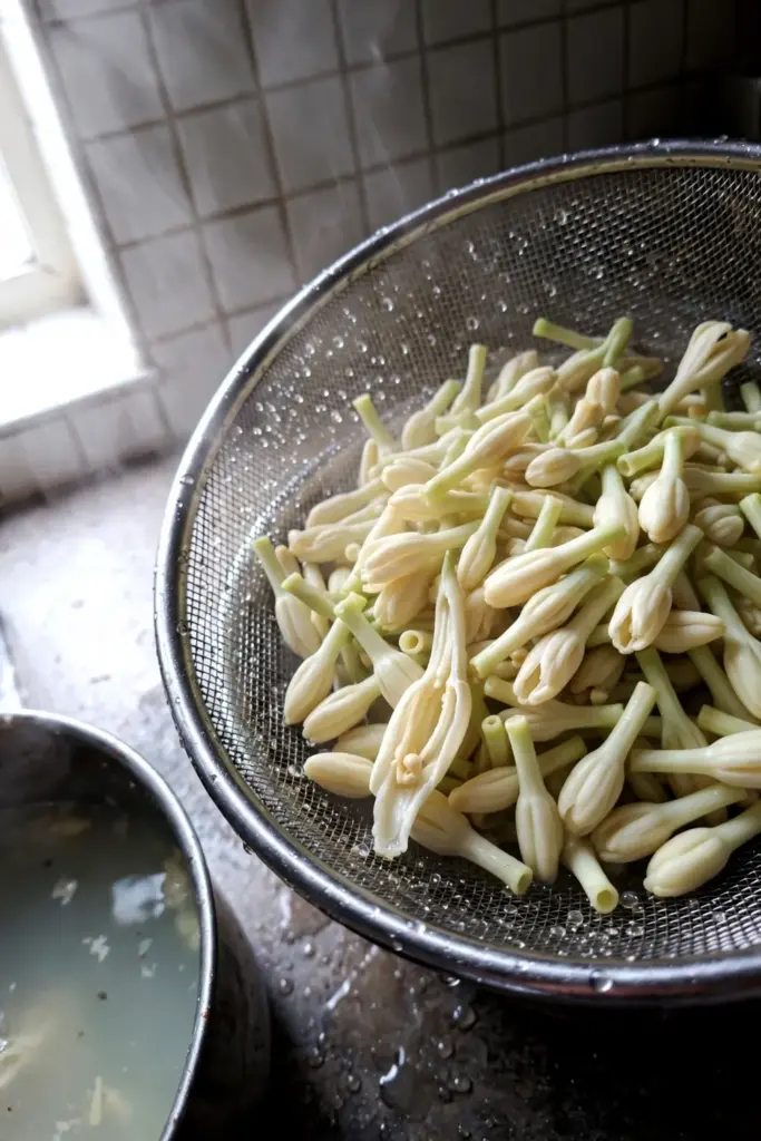 Boiled papaya flower buds draining in a metal colander with faint steam