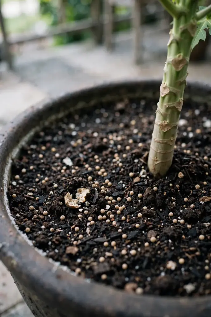 Balanced fertilizer granules scattered thinly over potting mix around a papaya stem
