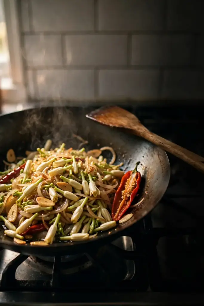 Stir-fried papaya flowers with garlic, shallots, and red chili in a wok