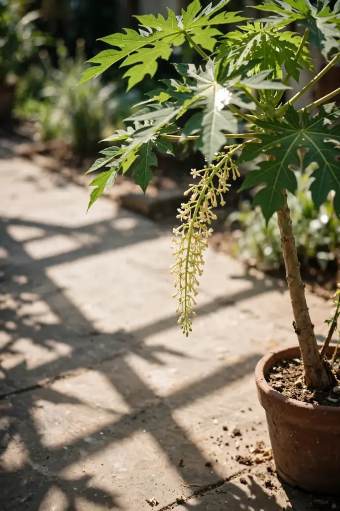 Potted papaya plant in full sun on a patio with hard-edged leaf shadows