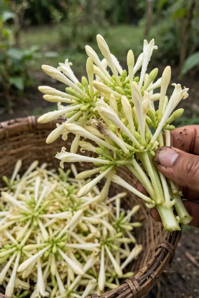 A hand cradling freshly cut male papaya flower sprays over a woven basket