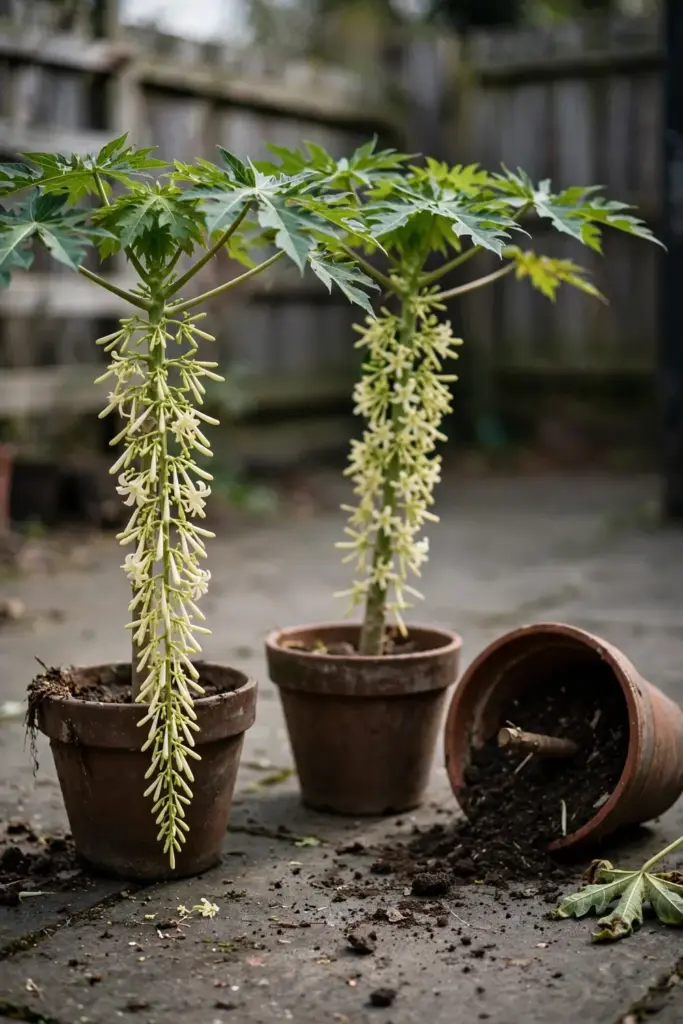 Three potted papaya plants in a row, one pot tipped on its side after culling