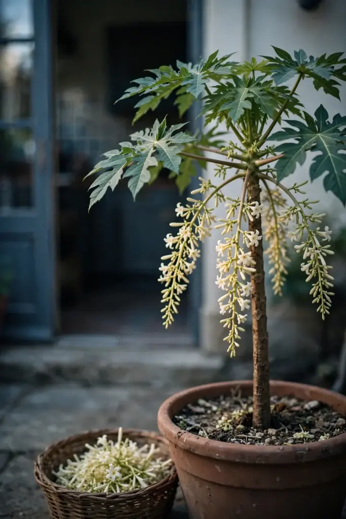 Male papaya plant in a terracotta pot by a kitchen door at the end of the day