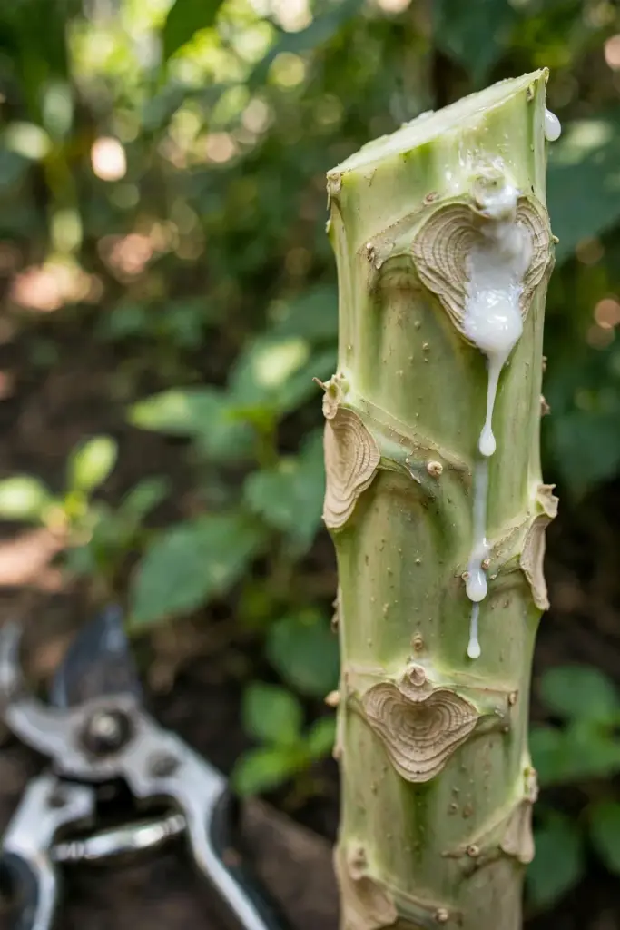 Milky papaya sap beading from a fresh cut on a papaya stem