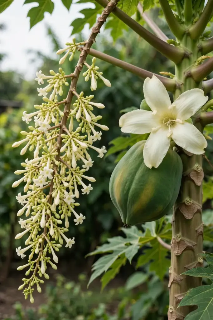 Male papaya spray beside a large female papaya flower close to the stem