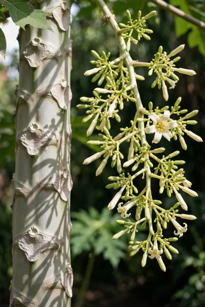 Long branched spray of small tubular male papaya flowers dangling beside the trunk