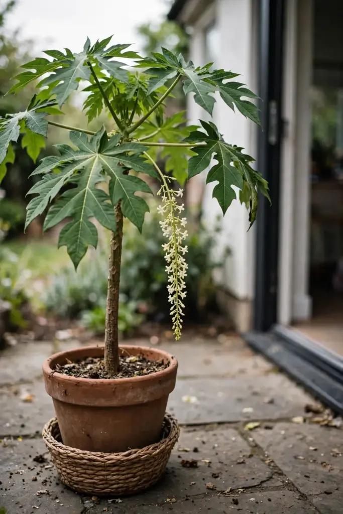 Potted papaya plant standing on a patio beside a kitchen door