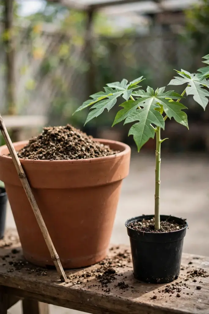 Young papaya seedling beside a large terracotta pot filled with fresh mix