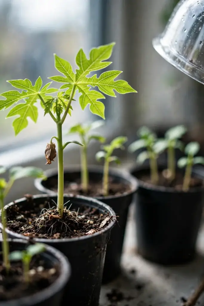 Papaya seedlings sprouting in small black nursery pots with palmate first leaves