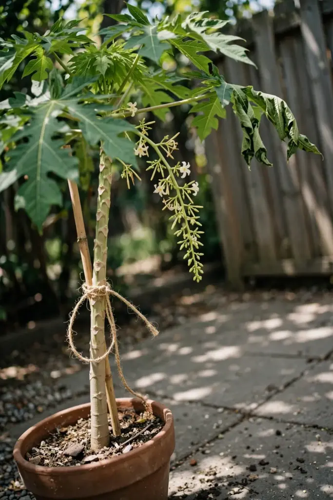 Tall potted papaya stem tied loosely with natural fiber string to a bamboo stake