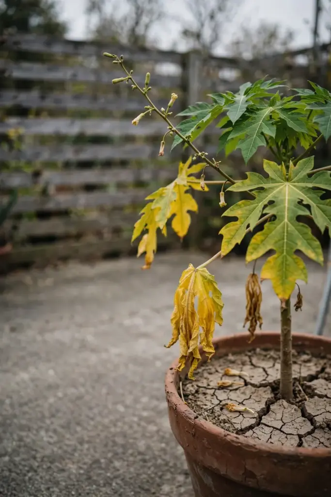 Potted papaya with yellowing lower leaves and dry cracked potting mix