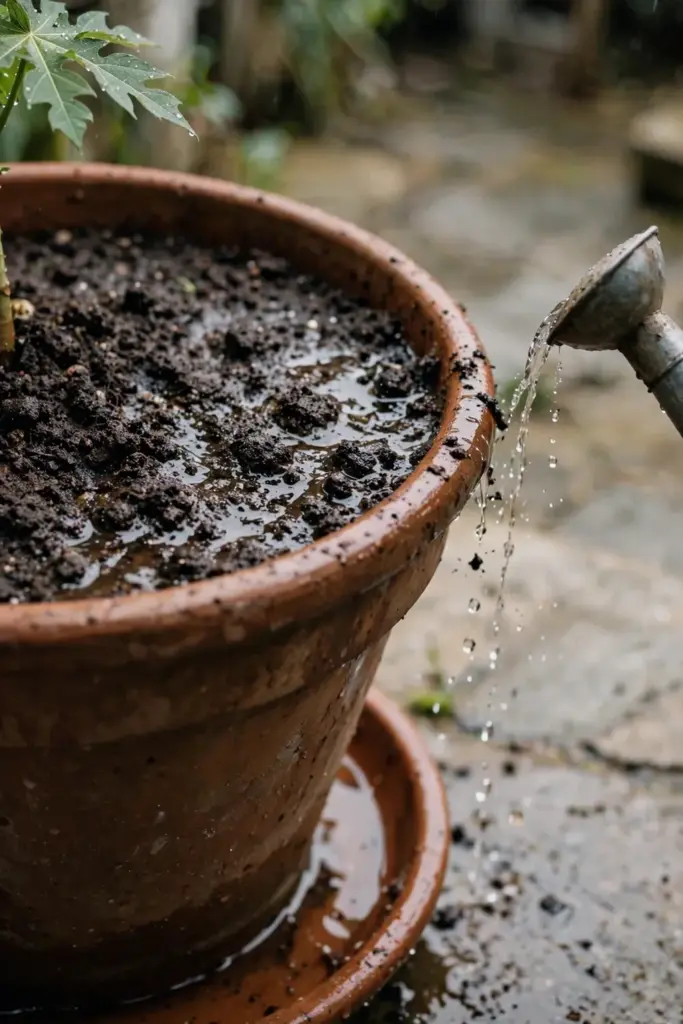 Freshly watered potted papaya with a watering can spout at the frame edge