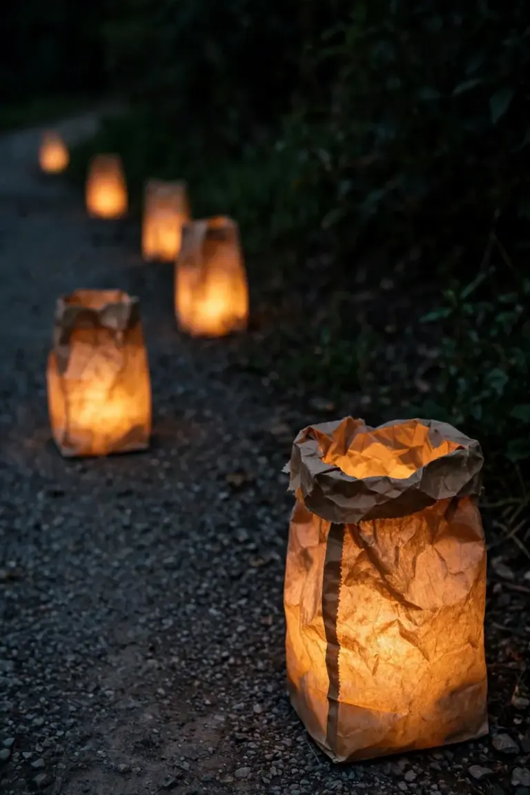Paper bag luminaries glowing warm in a line along a garden path at night