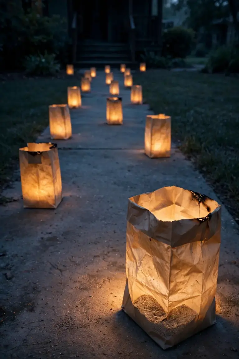 Row of glowing paper bag luminaries with battery candles lining a garden path at dusk