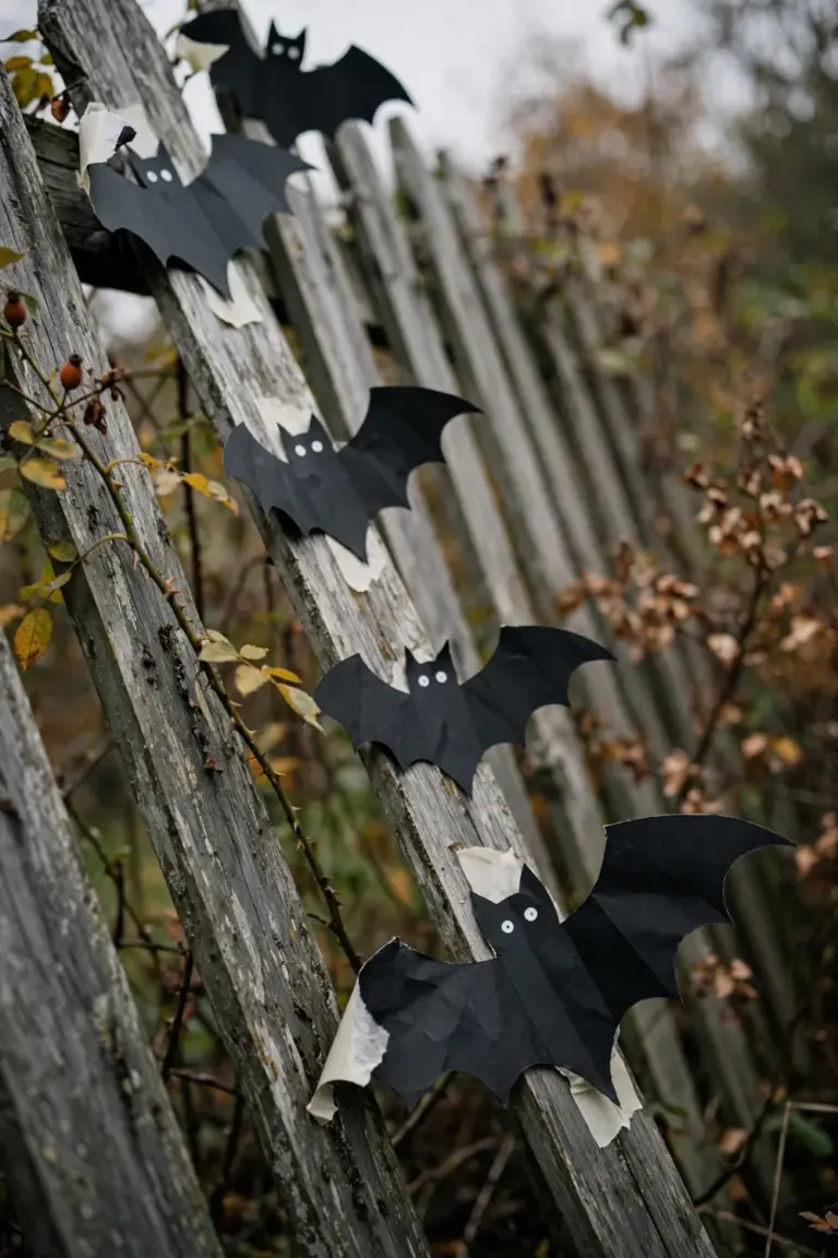 Black paper bats with white dot eyes taped in a row along weathered wooden fence pickets
