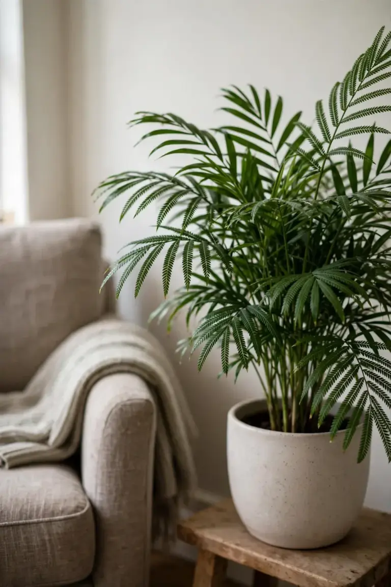 Full parlor palm with feathery fronds in a ceramic pot on a stool