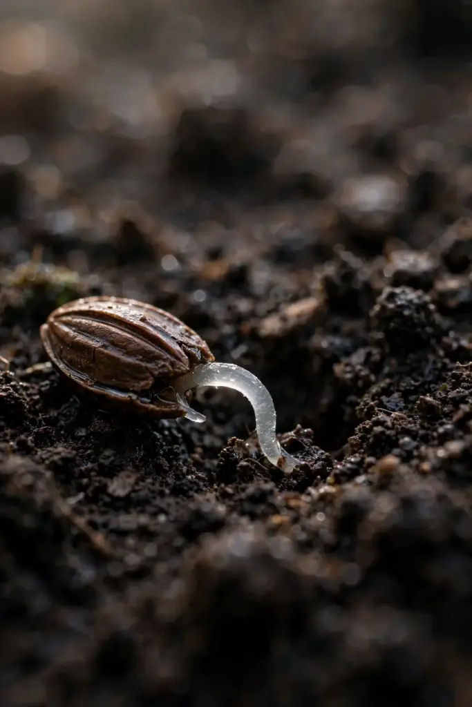 Parsley seed splitting on dark soil with a curled white rootlet