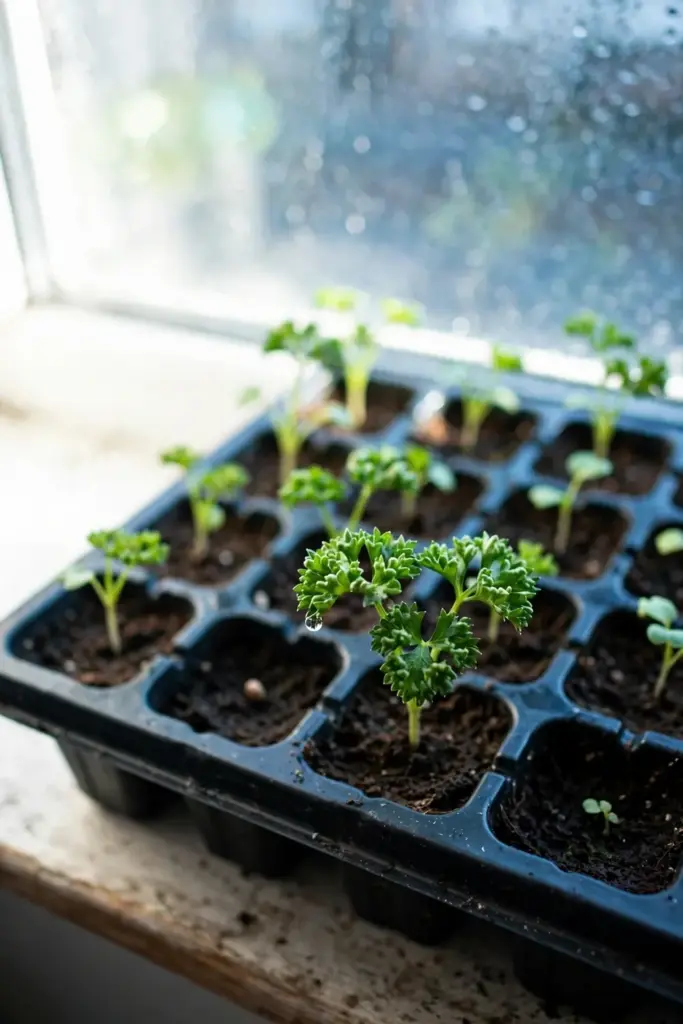 Parsley seedlings in a cell tray on a bright windowsill