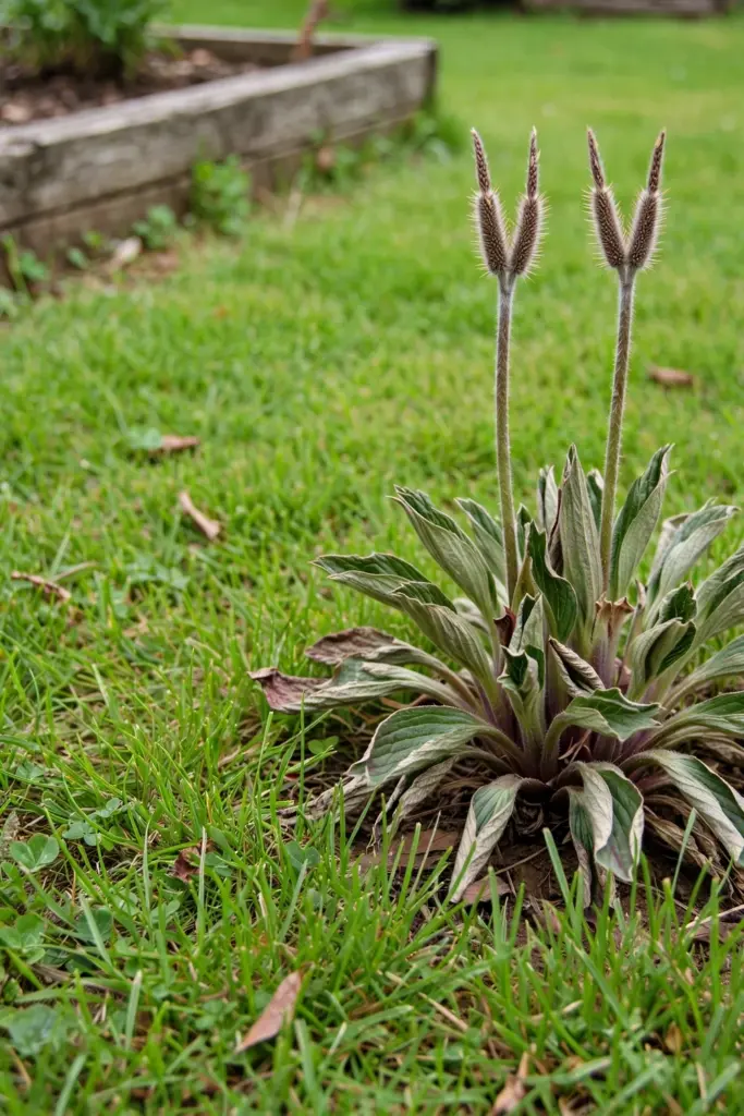 Coarse paspalum tuft with broad folded leaves and spike seed heads in Couch