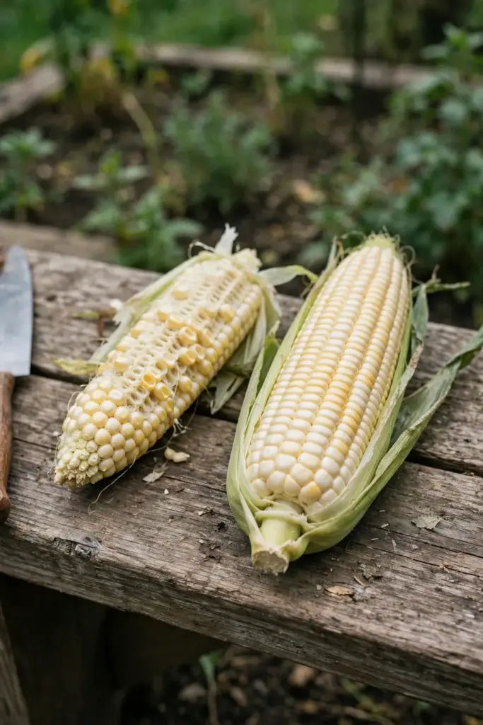Patchy corn cob with blank kernels beside a full cob