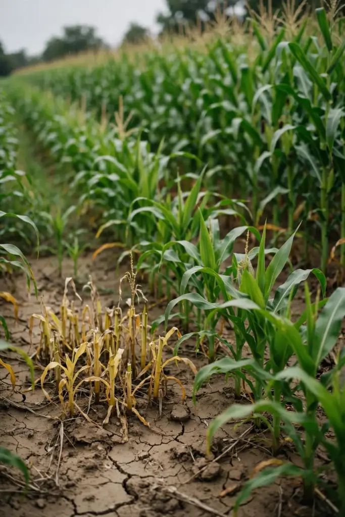 Patch of short yellowed corn plants ringed by taller green plants in a field.
