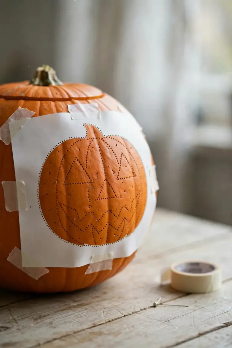 Paper pattern pinned to a pumpkin with a dotted outline of pinholes transferred onto the rind