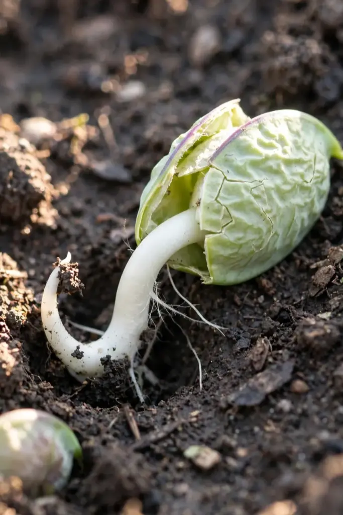 Wrinkled pea seed splitting with a thick white sprout on soil