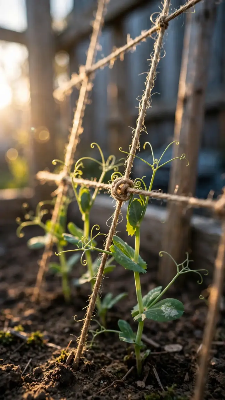 Pea seedlings with curling tendrils reaching for a twine trellis