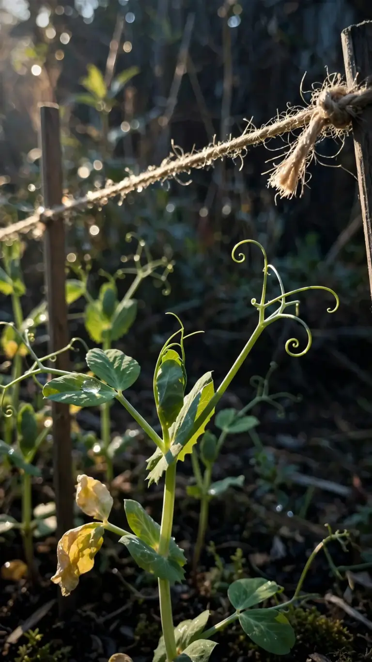 Pea seedlings with curling tendrils reaching for a twine trellis