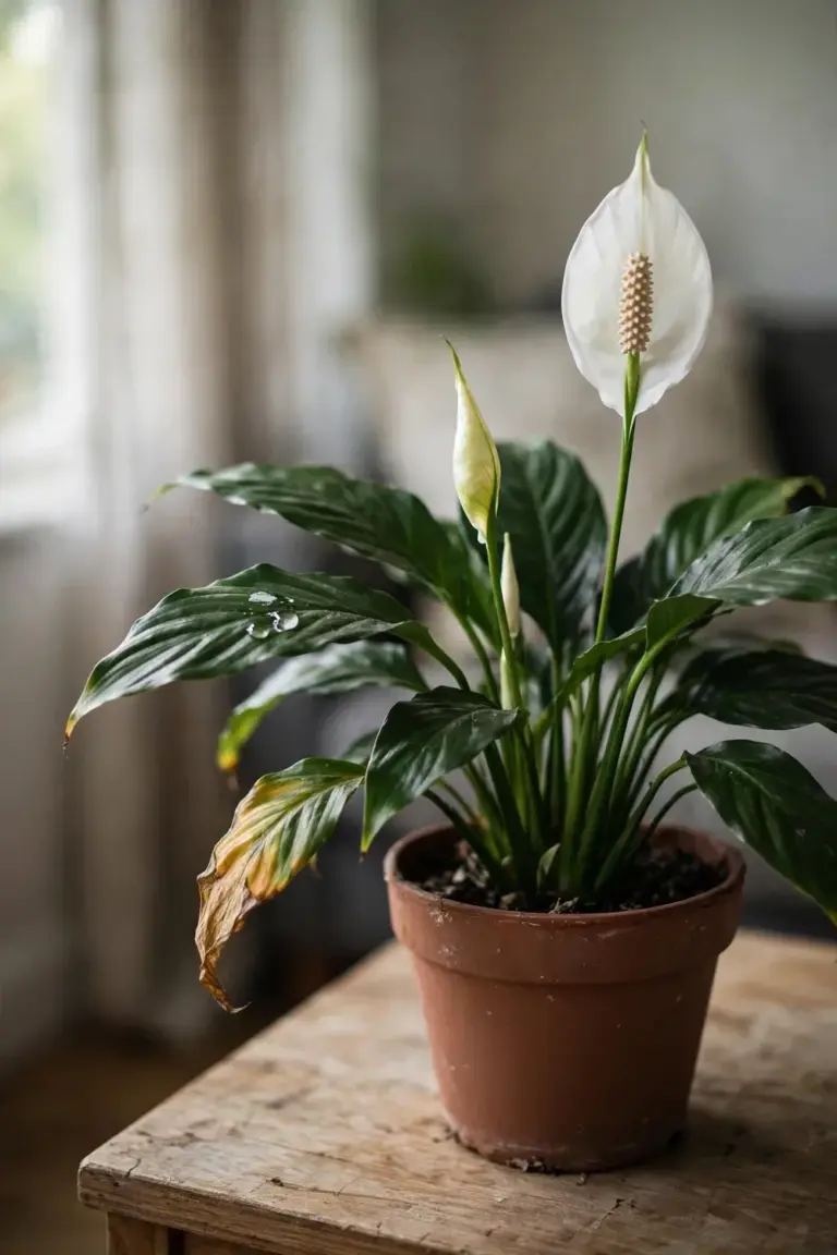 Peace lily with a white flower standing above dark glossy leaves