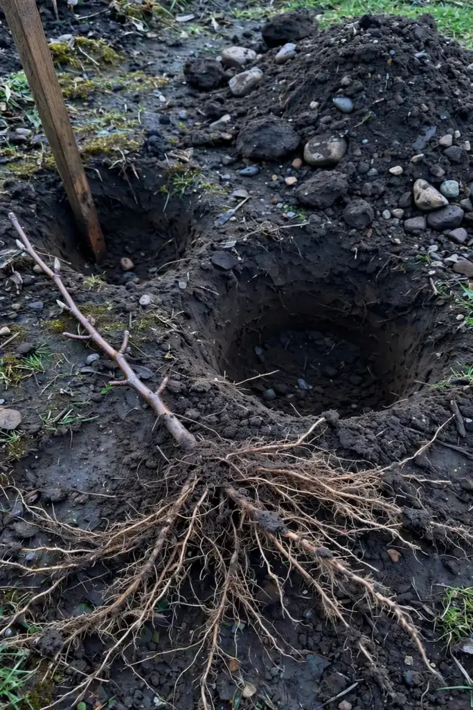 Bare-root pear tree with spread roots beside a freshly dug planting hole.