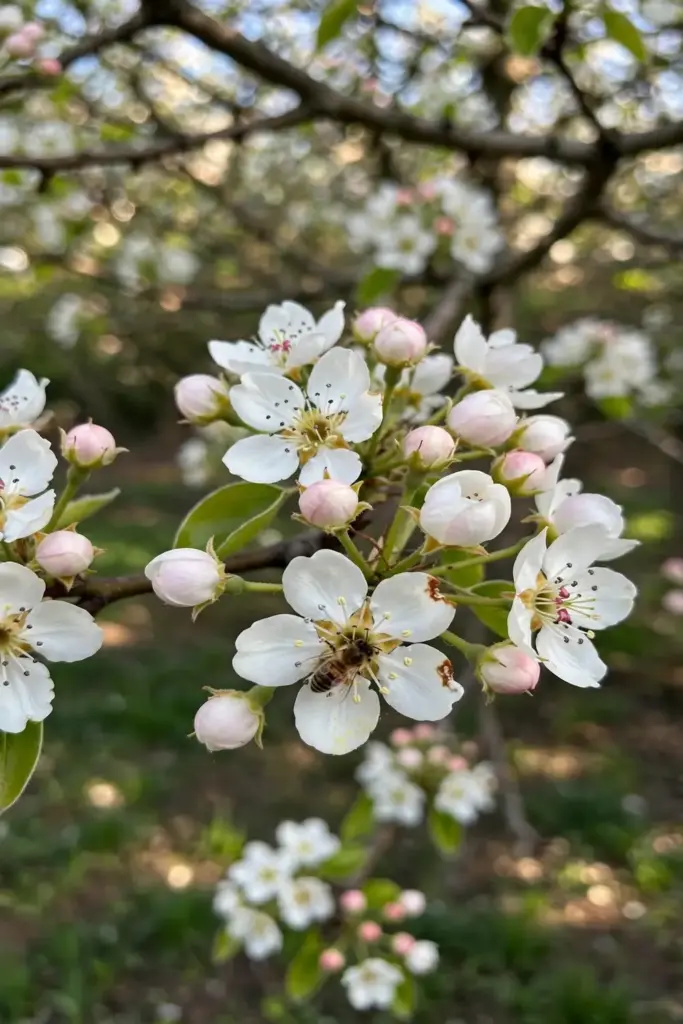 White pear blossoms in spring with a bee visiting one flower.