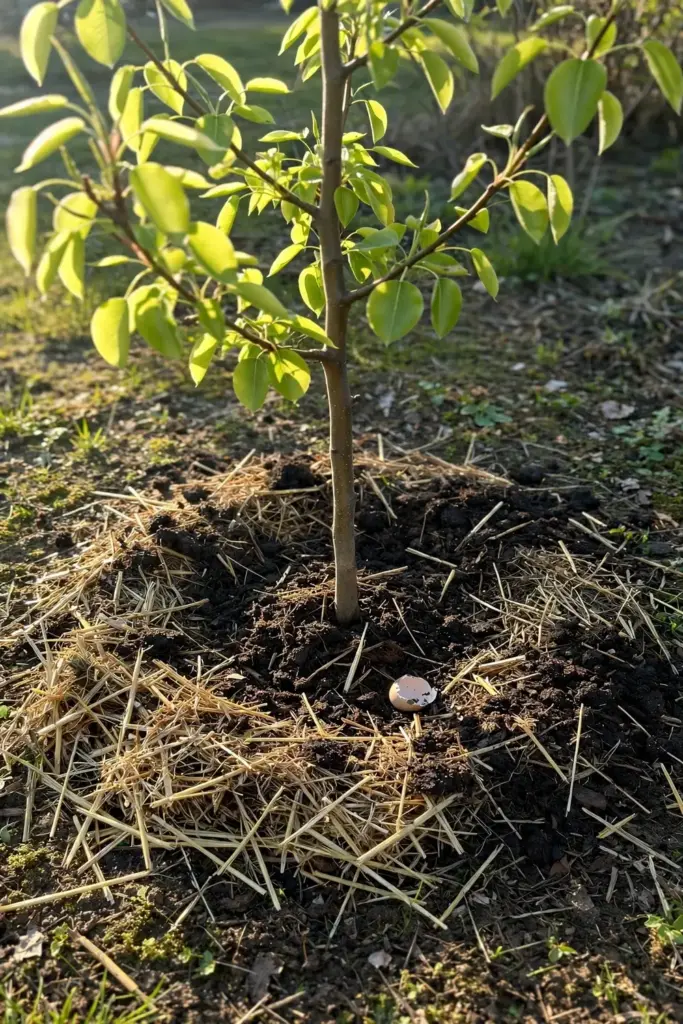 Young pear tree with a fresh compost and mulch ring around its base in spring.