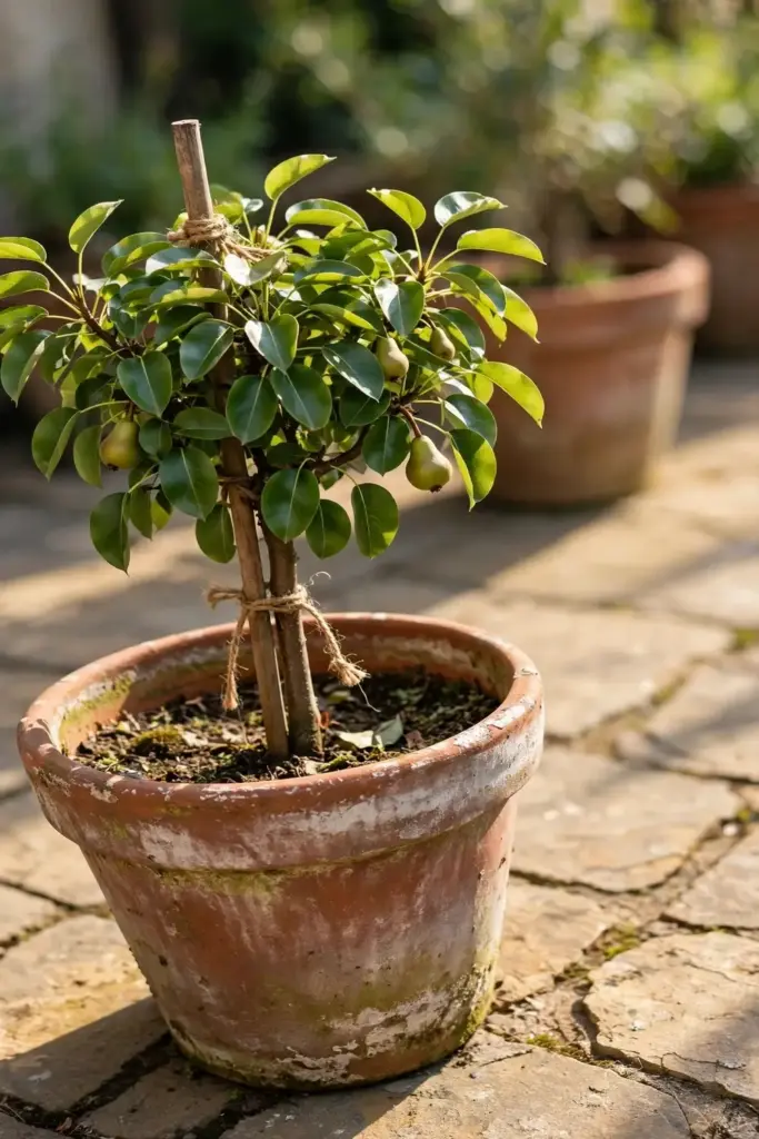 Dwarf pear tree growing in a large container on a sunny patio.