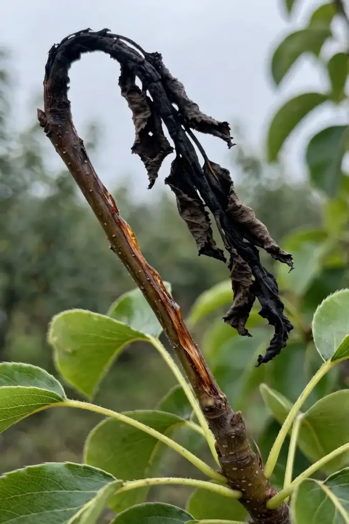 Close-up of a fire-blighted pear shoot tip blackened and curled like a shepherd's crook.