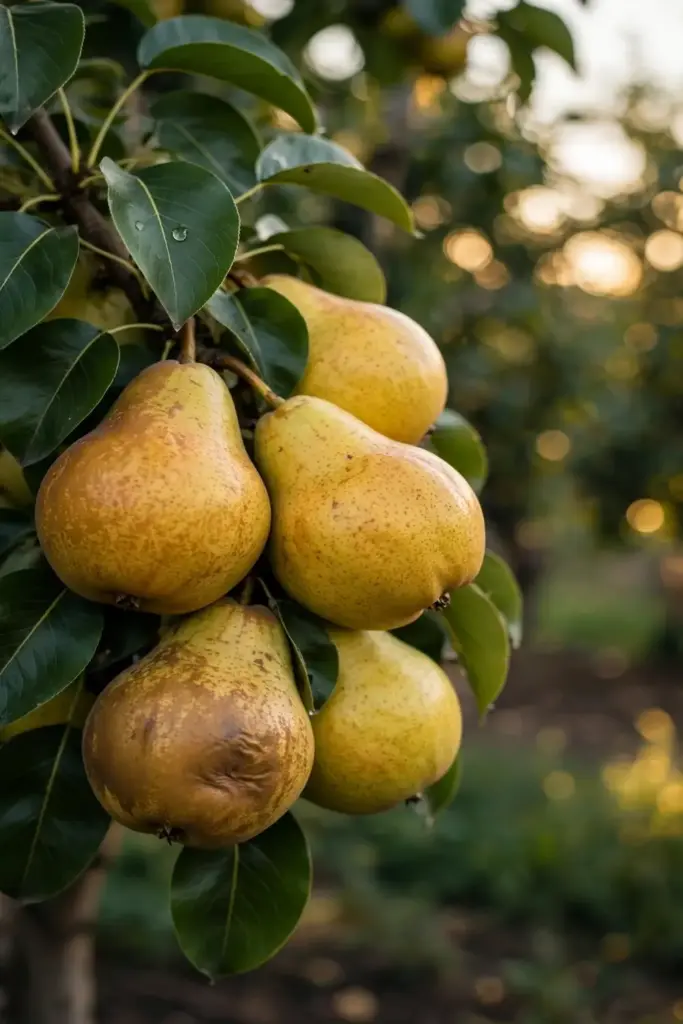 Cluster of ripe pears on a branch with green leaves in soft daylight.
