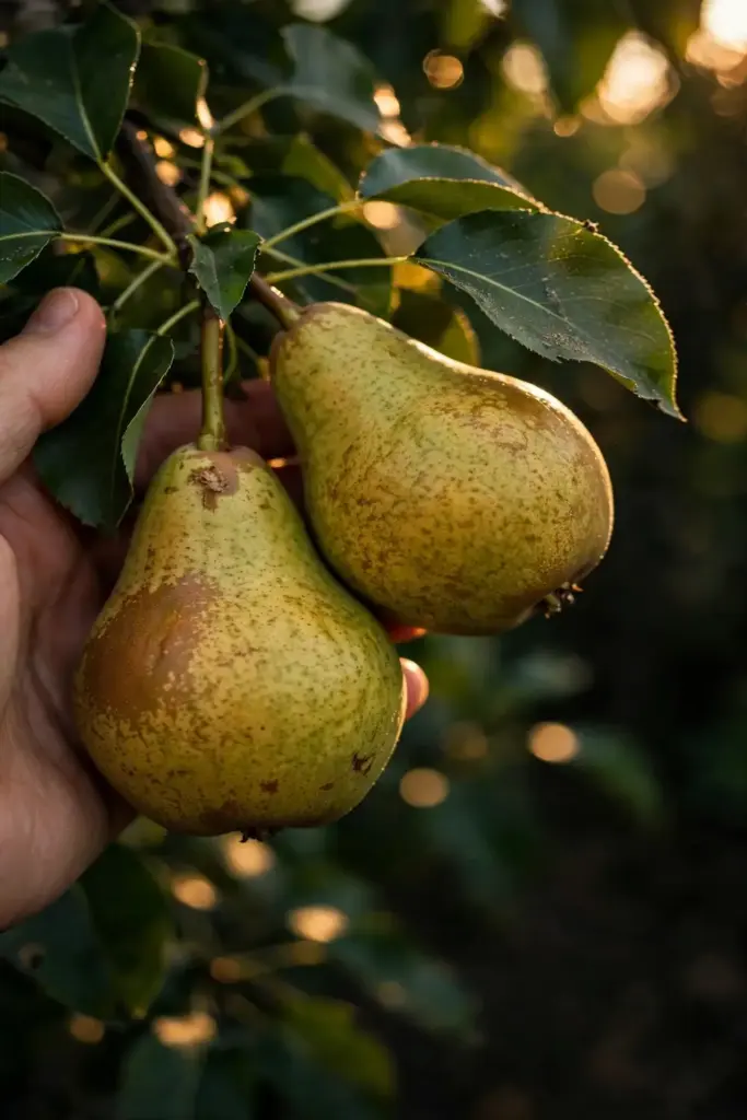 Hand gently touching ripe pears hanging on a garden branch at harvest time.
