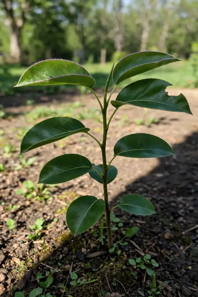 Vigorous young pear seedling sapling with strong upright growth in a garden.