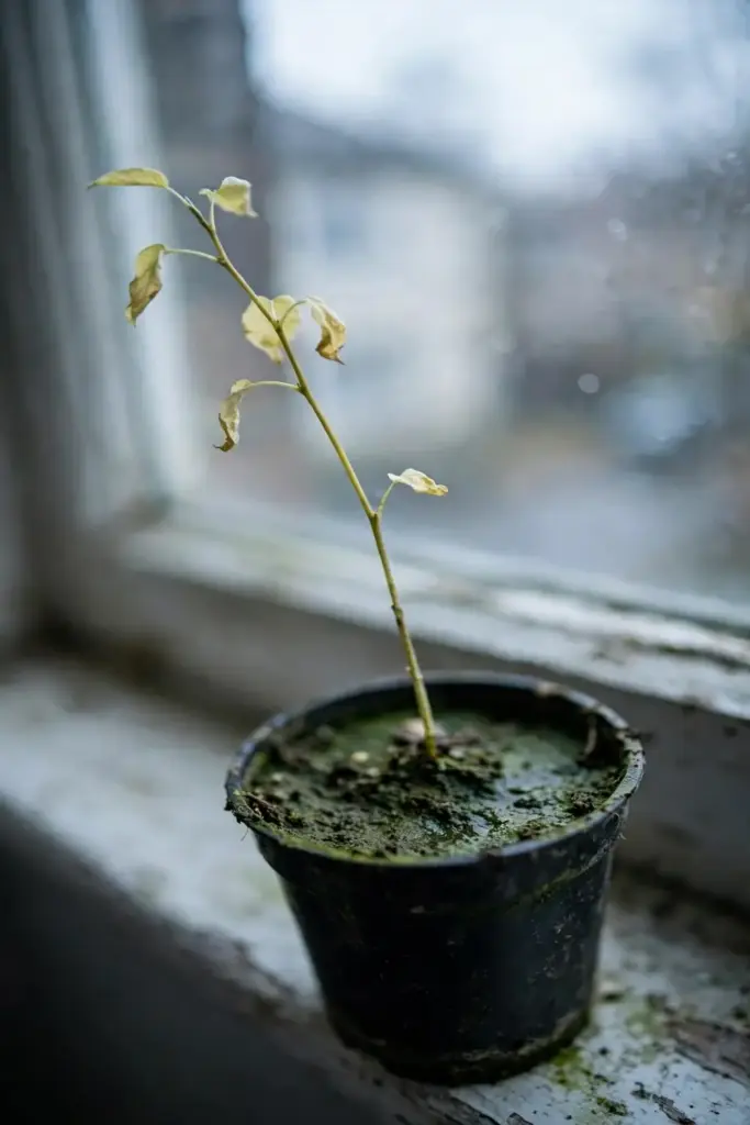 Pale stalled pear seedling in a small pot, showing weak leggy growth.