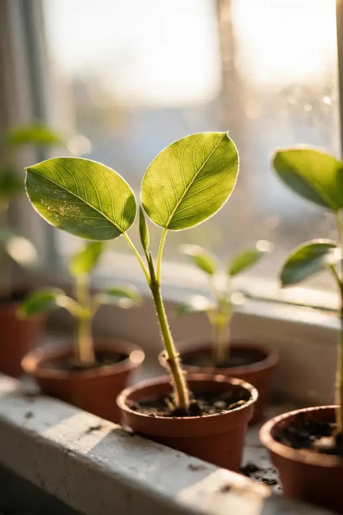 Young pear seedlings with green leaves growing in pots on a bright windowsill.